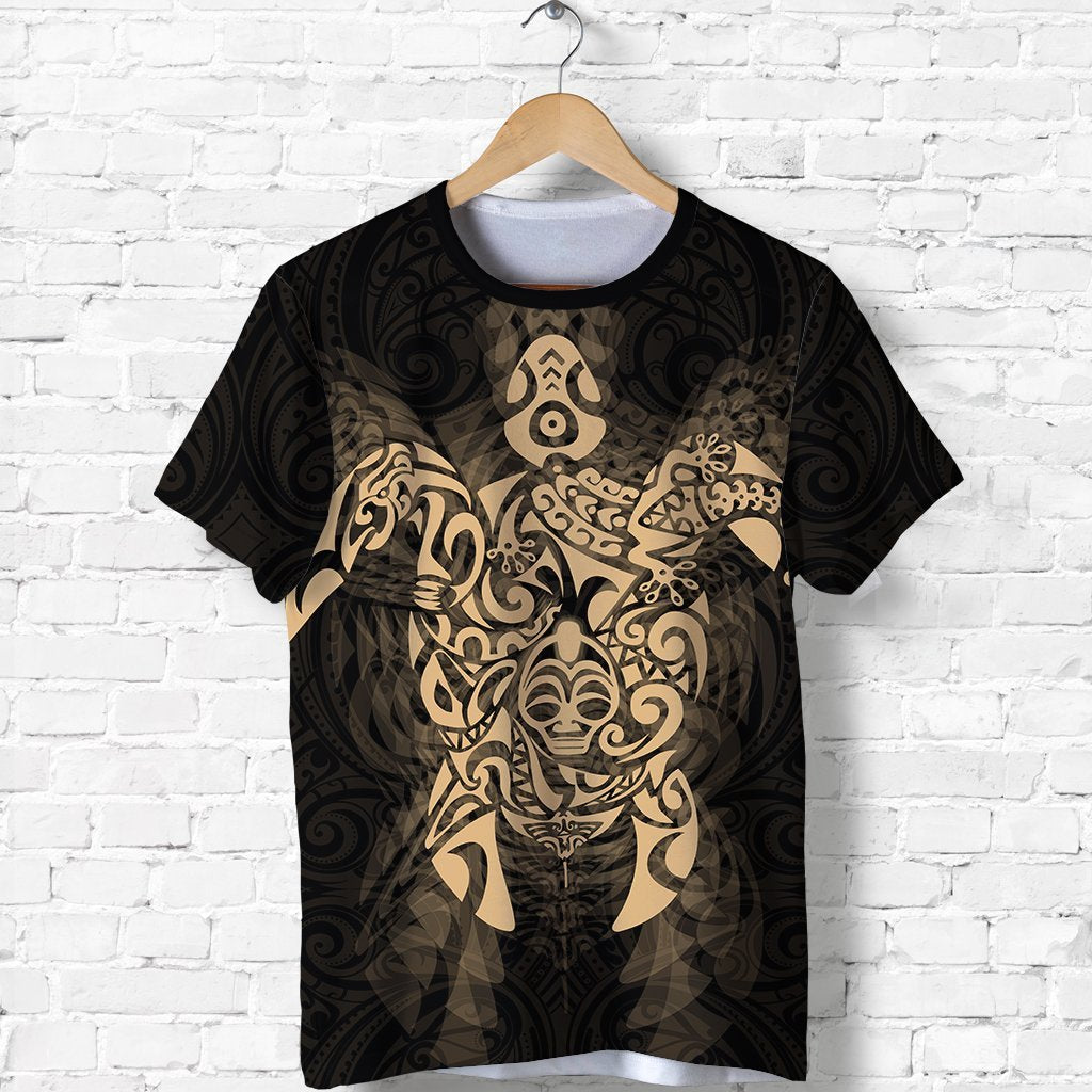 New Zealand Maori Shirt, Wairua Tattoo Turtle T Shirt Gold Unisex Black - Polynesian Pride