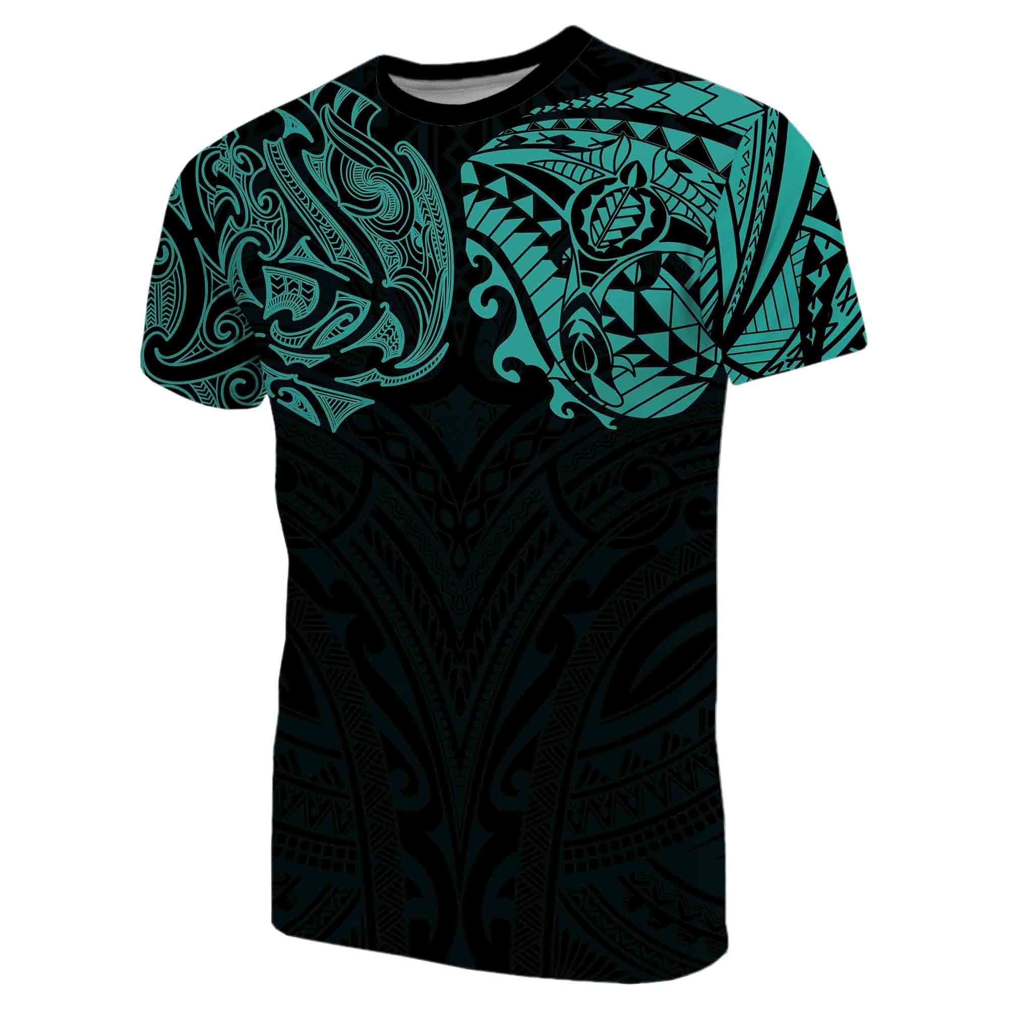 New Zealand T Shirt, Maori Polynesian Tattoo Turquoise Unisex Black - Polynesian Pride