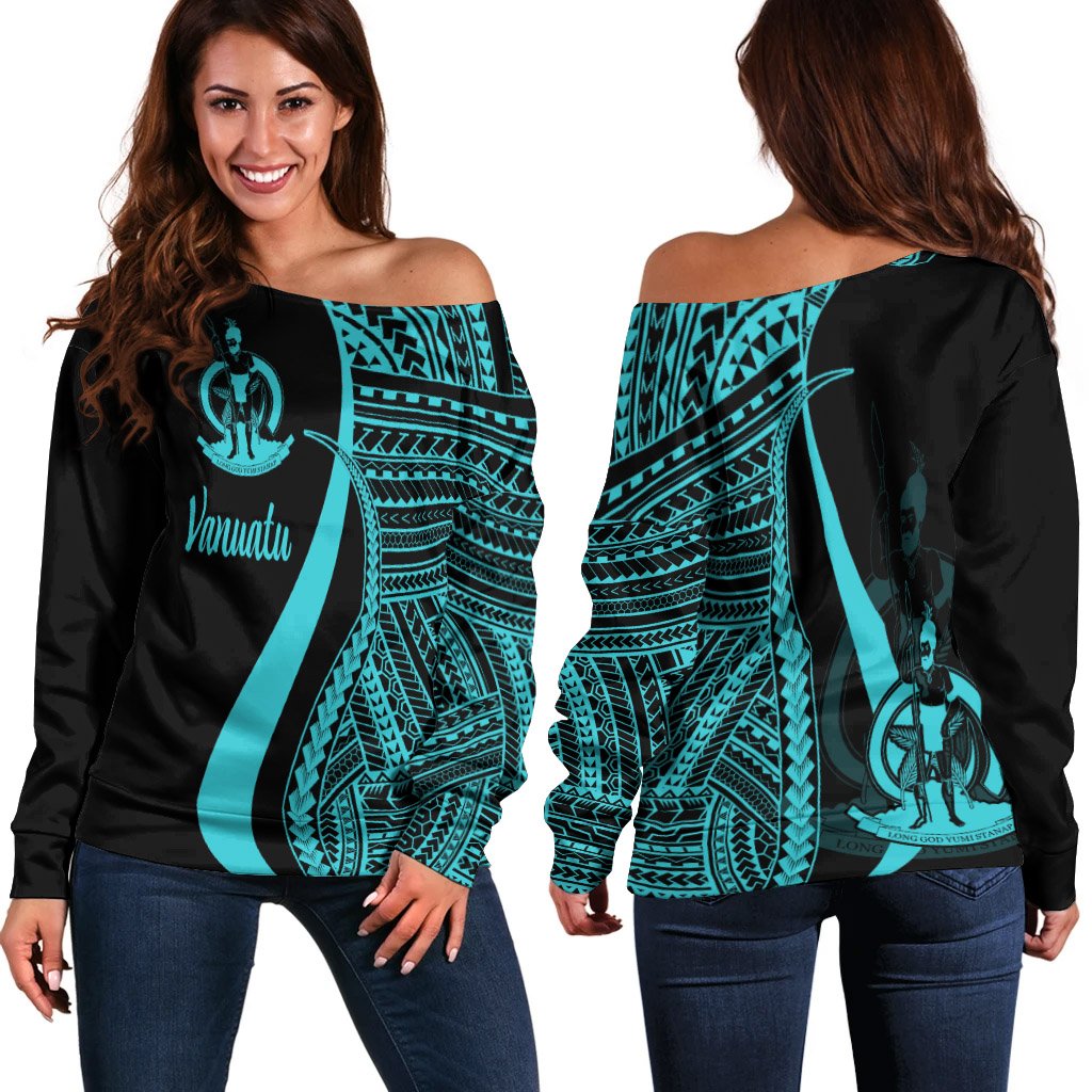 Vanuatu Women's Off Shoulder Sweater - Turquoise Polynesian Tentacle Tribal Pattern Turquoise - Polynesian Pride