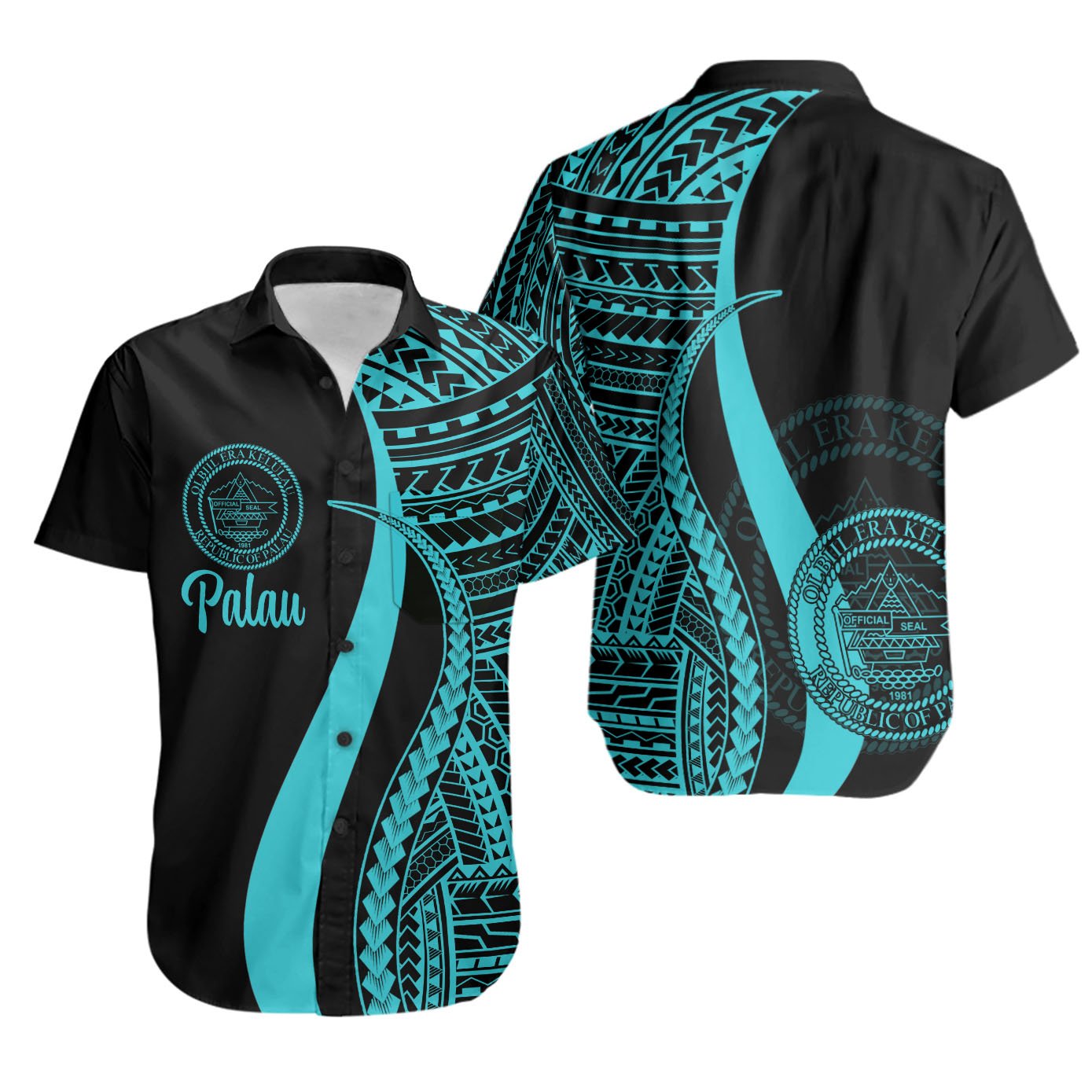 Palau Short Sleeve Shirts - Turquoise Polynesian Tentacle Tribal Pattern Crest Unisex Turquoise - Polynesian Pride