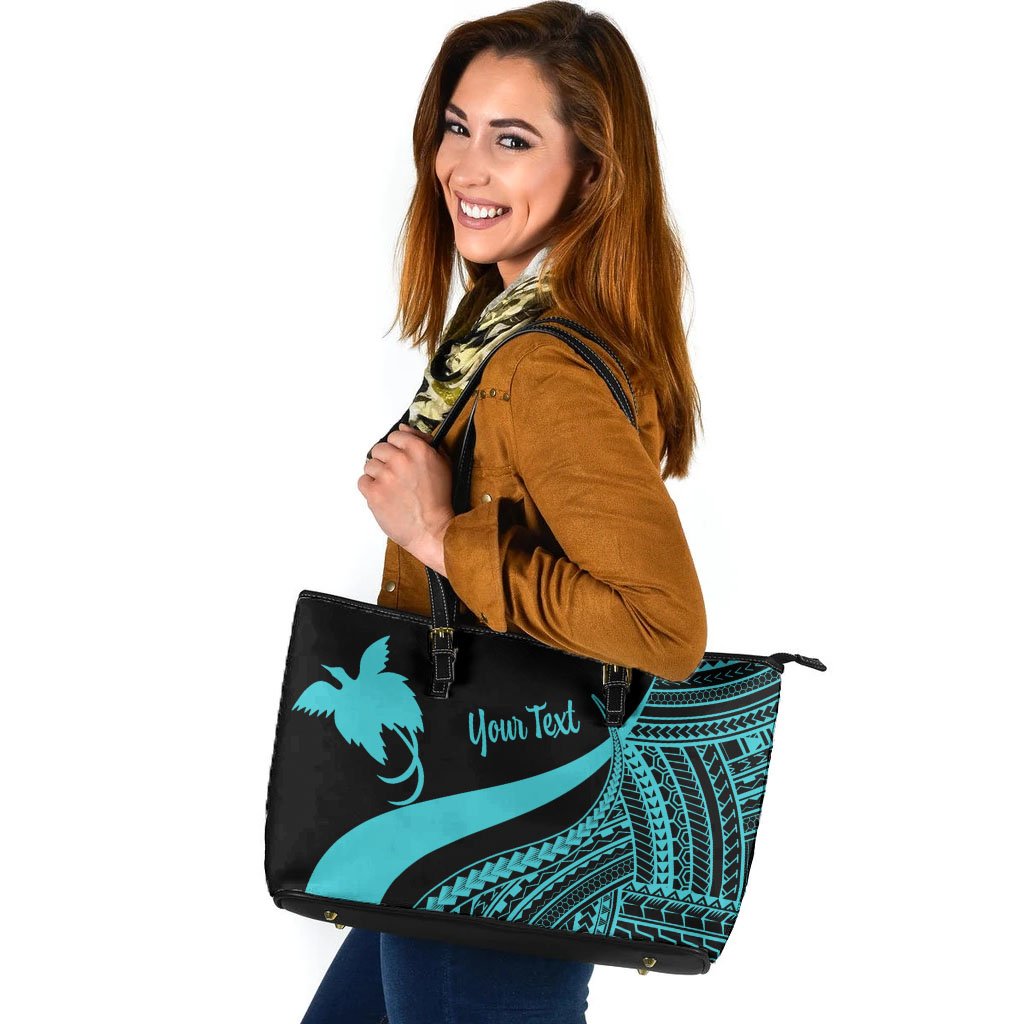 Papua New Guinea Custom Personalised Large Leather Tote Bag - Turquoise Polynesian Tentacle Tribal Pattern Turquoise - Polynesian Pride