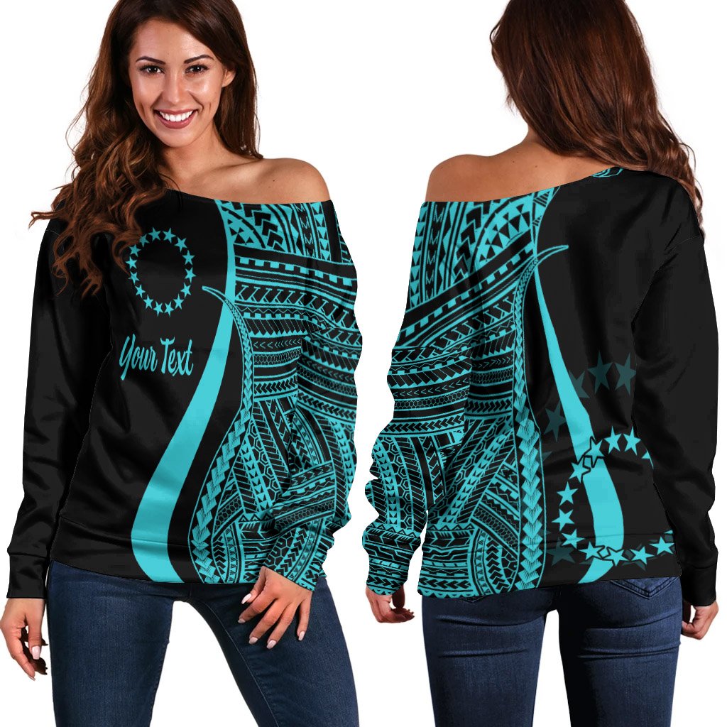 Cook Islands Custom Personalised Women's Off Shoulder Sweater - Turquoise Polynesian Tentacle Tribal Pattern Turquoise - Polynesian Pride