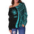 Samoa Women's Off Shoulder Sweater - Turquoise Polynesian Tentacle Tribal Pattern - Polynesian Pride