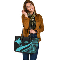 Papua New Guinea Large Leather Tote Bag - Turquoise Polynesian Tentacle Tribal Pattern - Polynesian Pride