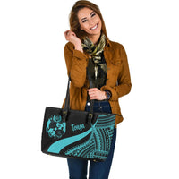 Tonga Large Leather Tote Bag - Turquoise Polynesian Tentacle Tribal Pattern - Polynesian Pride