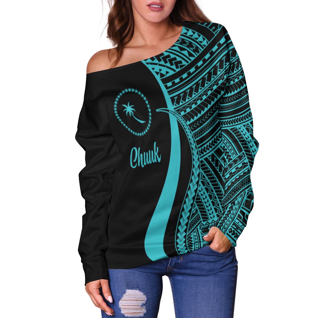 Chuuk Women's Off Shoulder Sweater - Turquoise Polynesian Tentacle Tribal Pattern - Polynesian Pride