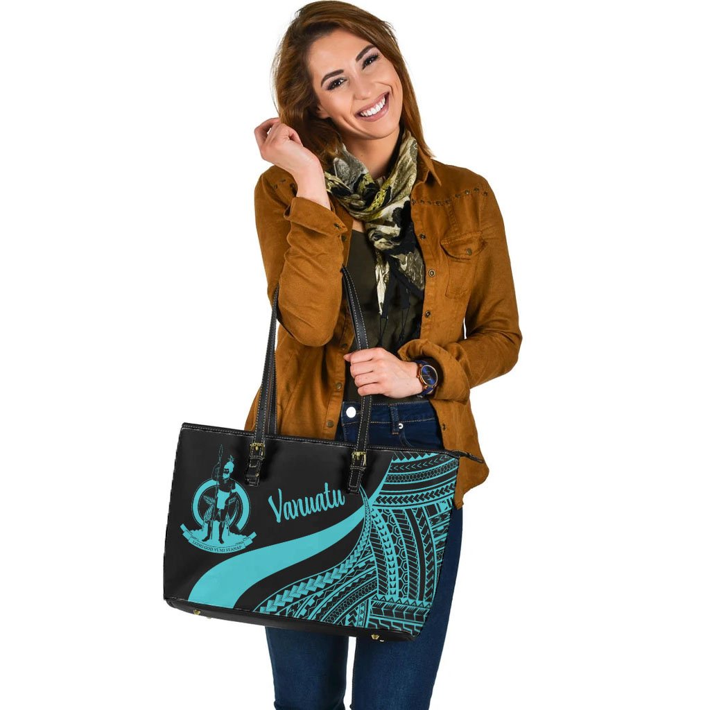 Vanuatu Large Leather Tote Bag - Turquoise Polynesian Tentacle Tribal Pattern - Polynesian Pride