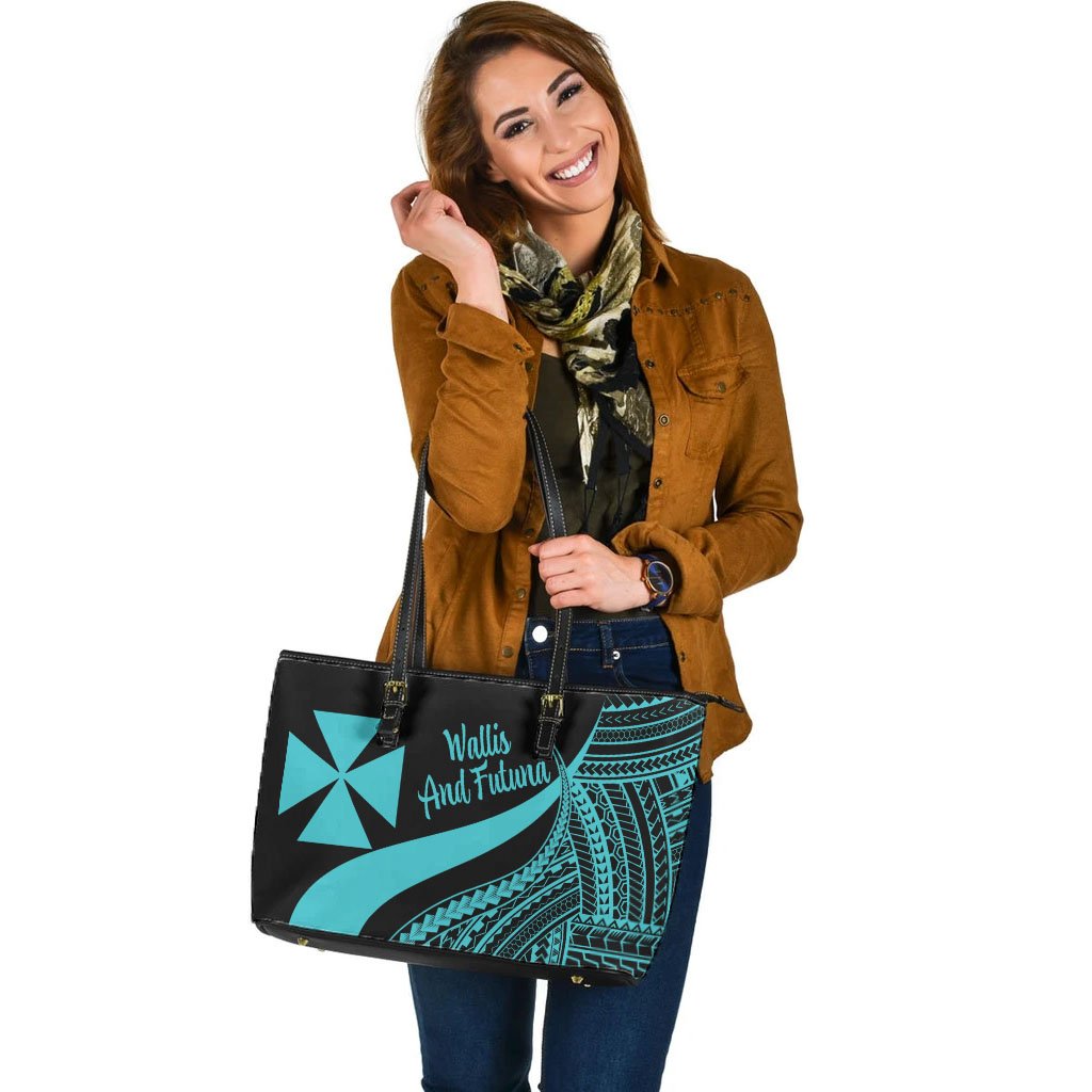 Wallis And Futuna Large Leather Tote Bag - Turquoise Polynesian Tentacle Tribal Pattern - Polynesian Pride