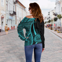 American Samoa Women's Off Shoulder Sweater - Turquoise Polynesian Tentacle Tribal Pattern - Polynesian Pride