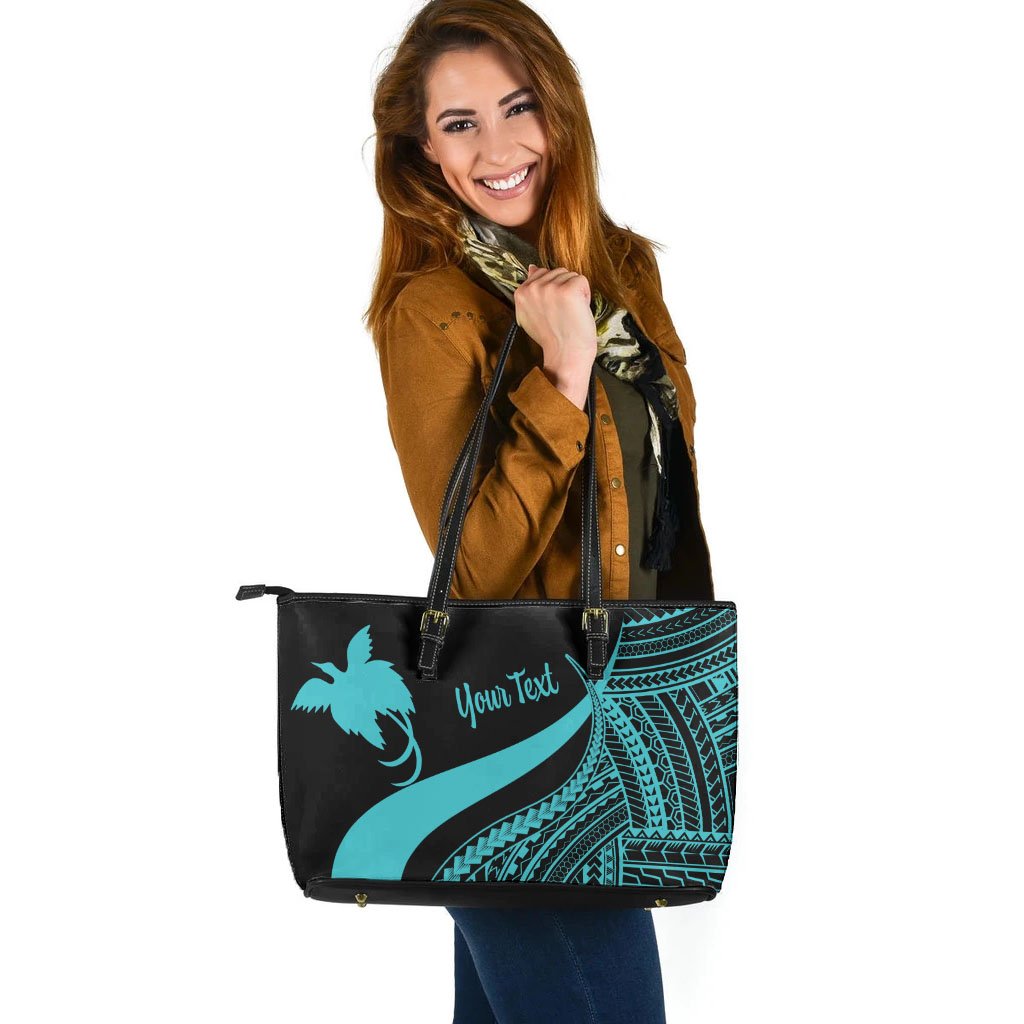 Papua New Guinea Custom Personalised Large Leather Tote Bag - Turquoise Polynesian Tentacle Tribal Pattern - Polynesian Pride