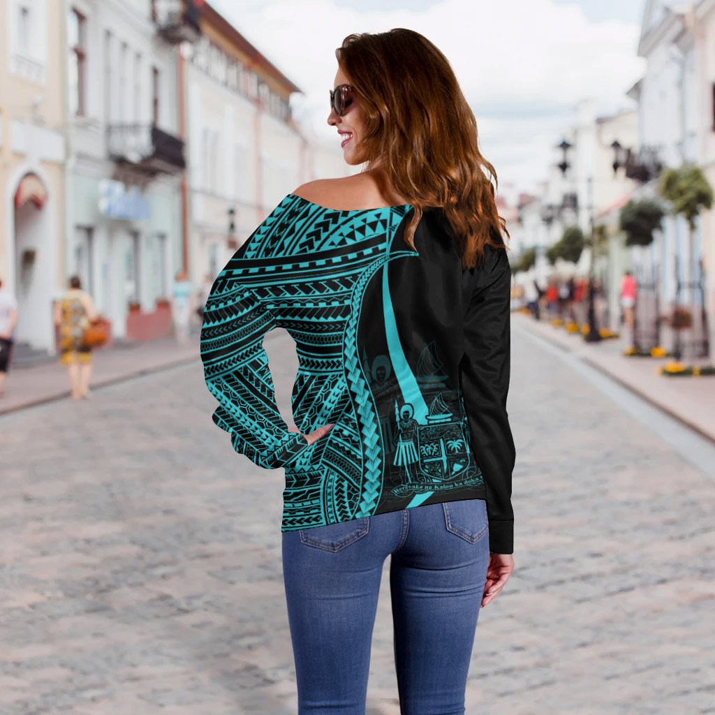 Fiji Custom Personalised Women's Off Shoulder Sweater - Turquoise Polynesian Tentacle Tribal Pattern Crest - Polynesian Pride