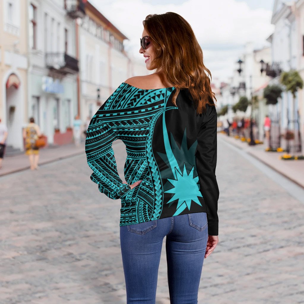 Nauru Women's Off Shoulder Sweater - Turquoise Polynesian Tentacle Tribal Pattern - Polynesian Pride