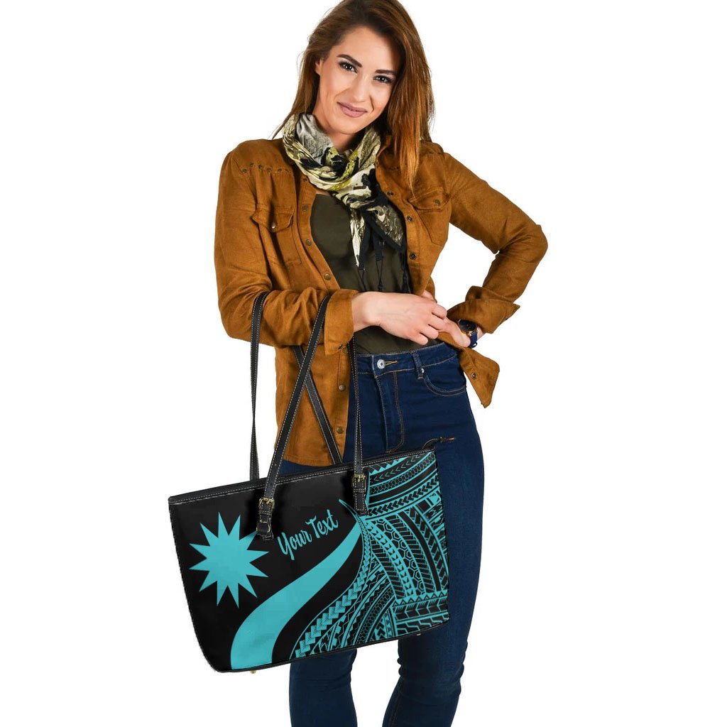 Nauru Custom Personalised Large Leather Tote Bag - Turquoise Polynesian Tentacle Tribal Pattern - Polynesian Pride
