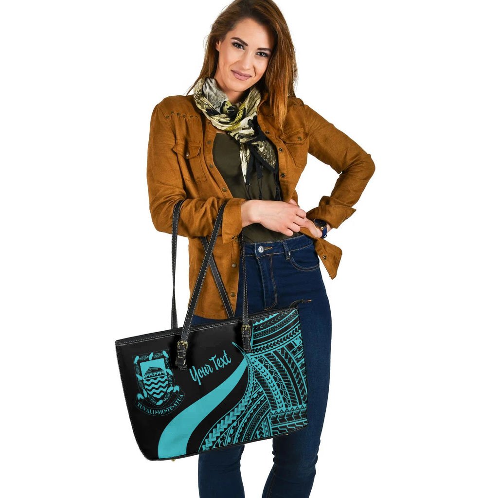 Tuvalu Custom Personalised Large Leather Tote Bag - Turquoise Polynesian Tentacle Tribal Pattern - Polynesian Pride