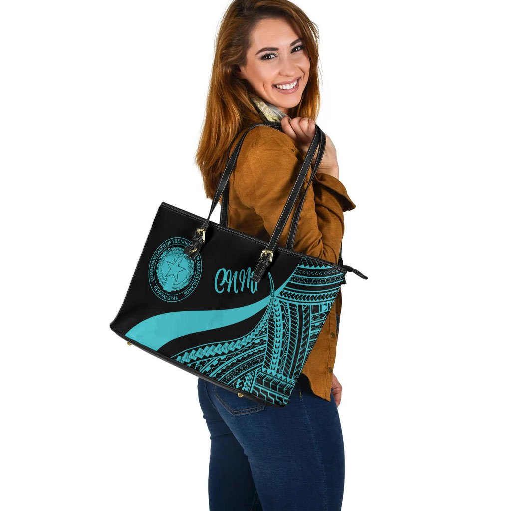Northern Mariana Islands Large Leather Tote Bag - Turquoise Polynesian Tentacle Tribal Pattern - Polynesian Pride