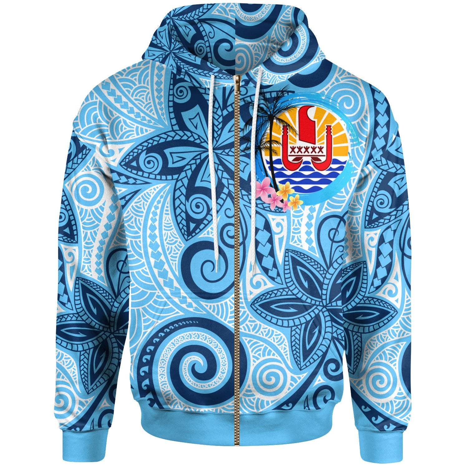 Tahiti Zip Hoodie Tribal Plumeria Pattern Unisex Blue - Polynesian Pride