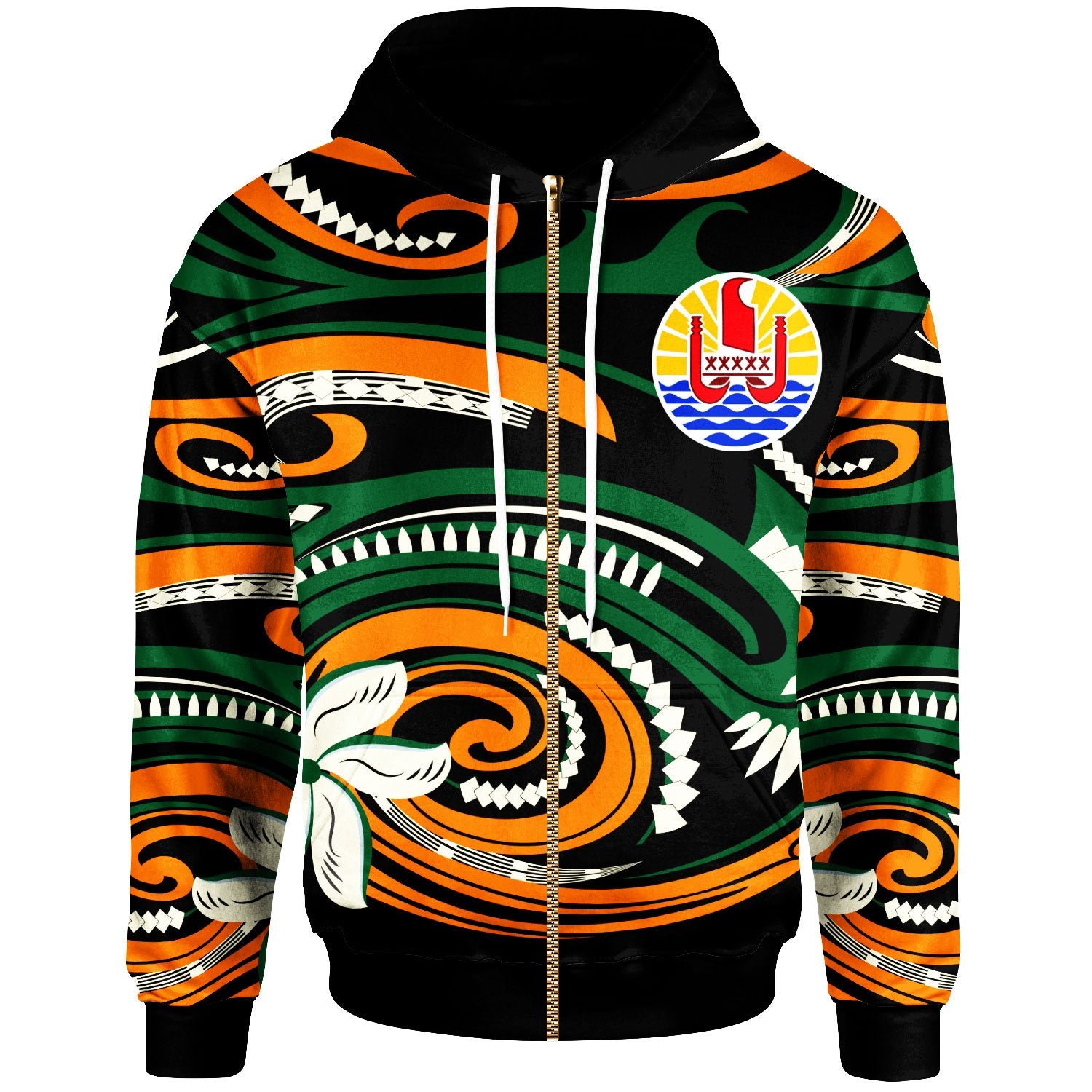 Tahiti Zip Hoodie Vortex Style Unisex Green Orange - Polynesian Pride