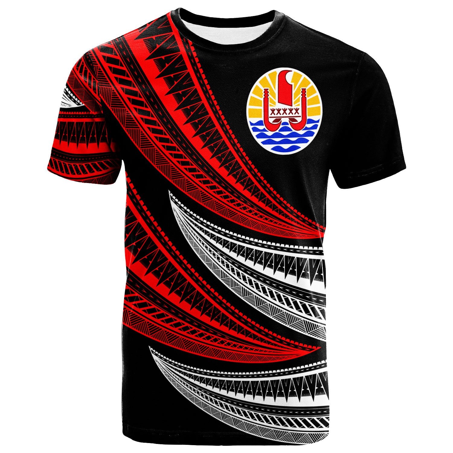 Tahiti Custom T Shirt Wave Pattern Alternating Red Color Unisex Black - Polynesian Pride