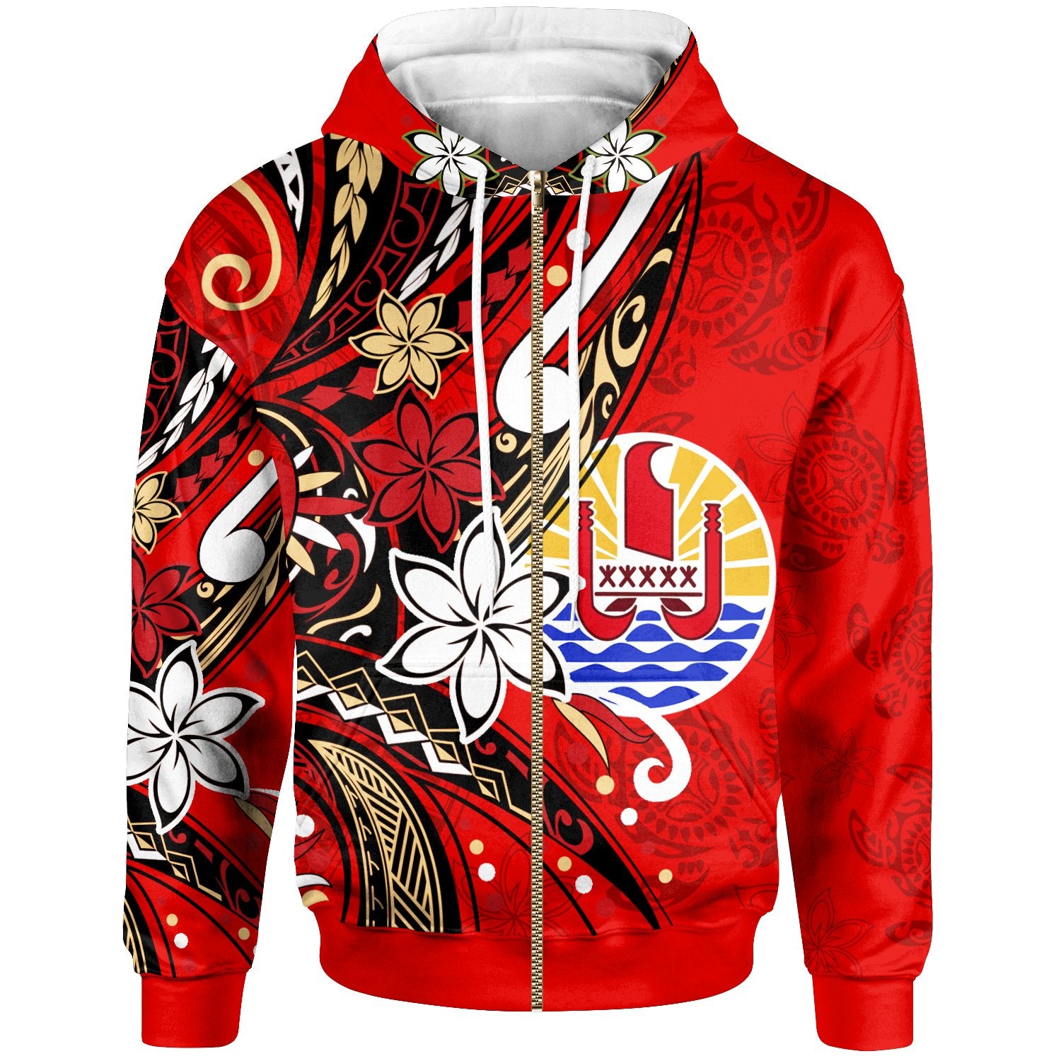 Tahiti Zip Hoodie Tribal Flower With Special Turtles Red Color Unisex Red - Polynesian Pride