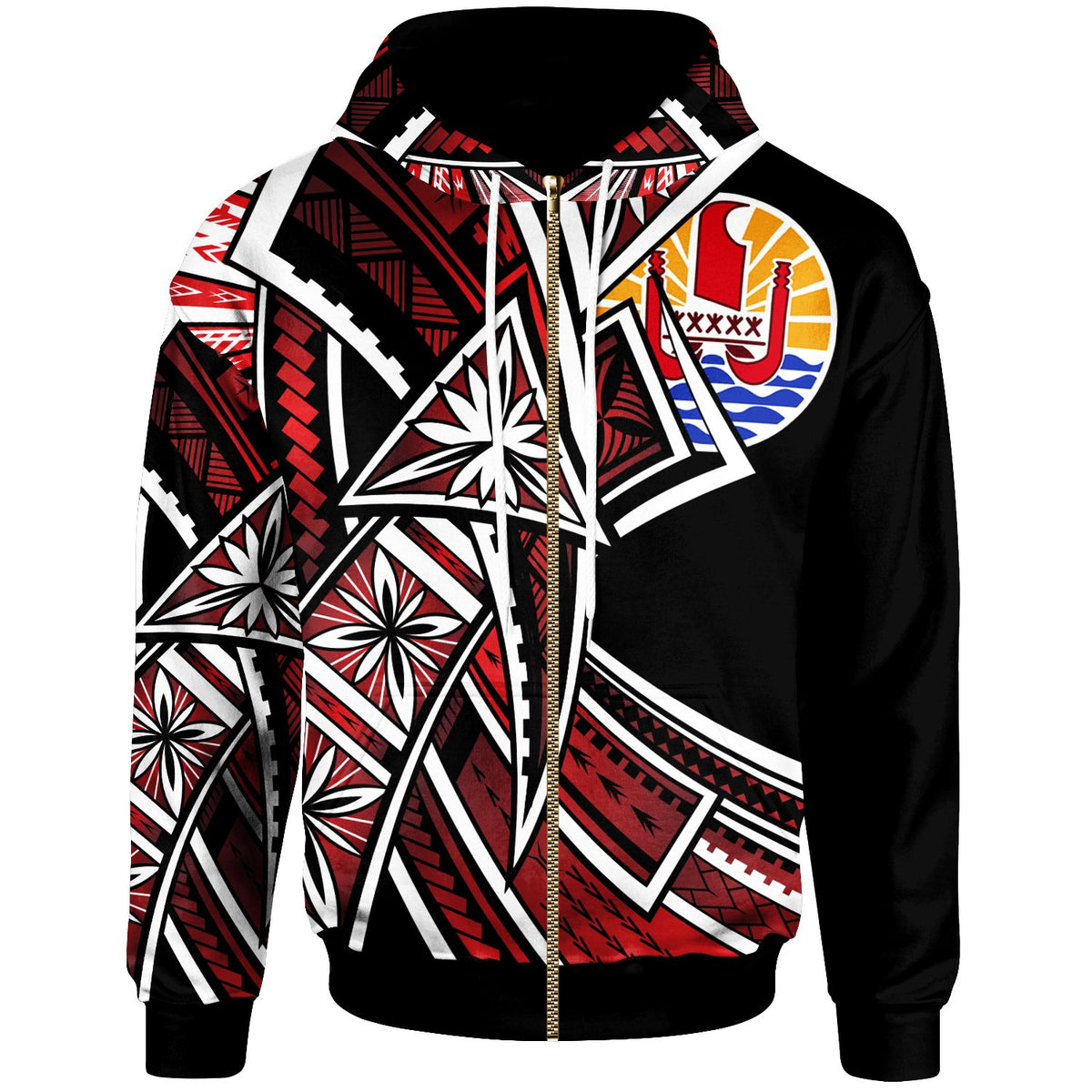Tahiti Zip Hoodie Tribal Flower Special Pattern Red Color Unisex Red - Polynesian Pride