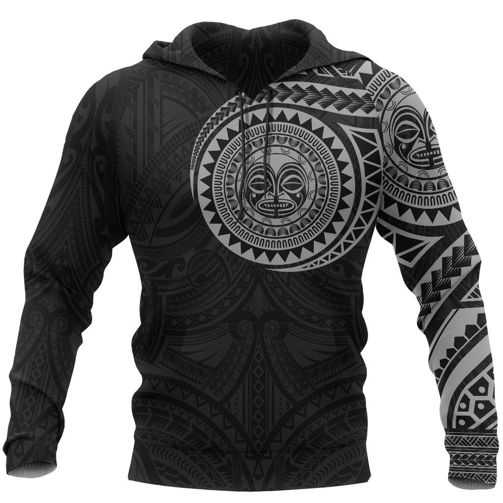 Hoodie Polynesian Tiki Face Tattoo Style Gray Unisex Black-Gold - Polynesian Pride