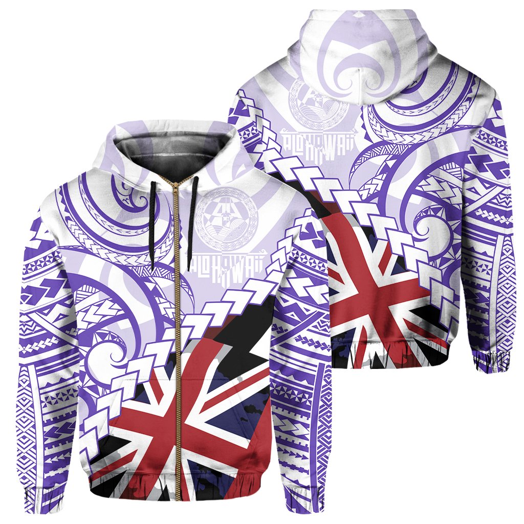 Polynesian Kakau Flag of Hawaii Zip Hoodie Purple Unisex Purple - Polynesian Pride