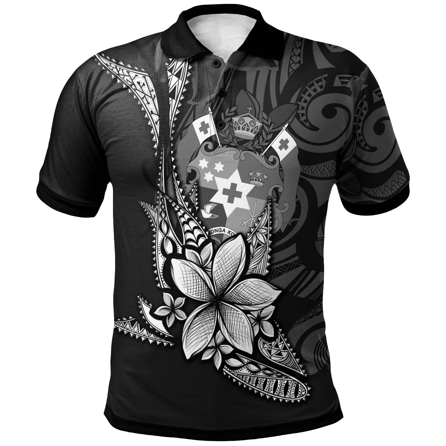 Tonga Polo Shirt Fish With Plumeria Flowers Style Unisex Black - Polynesian Pride