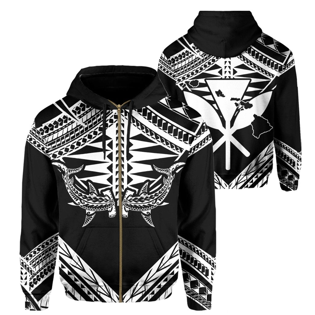 Hawaii Shark Polynesian Kanaka White Hoodie (Zip up) Candy Style Unisex Black - Polynesian Pride