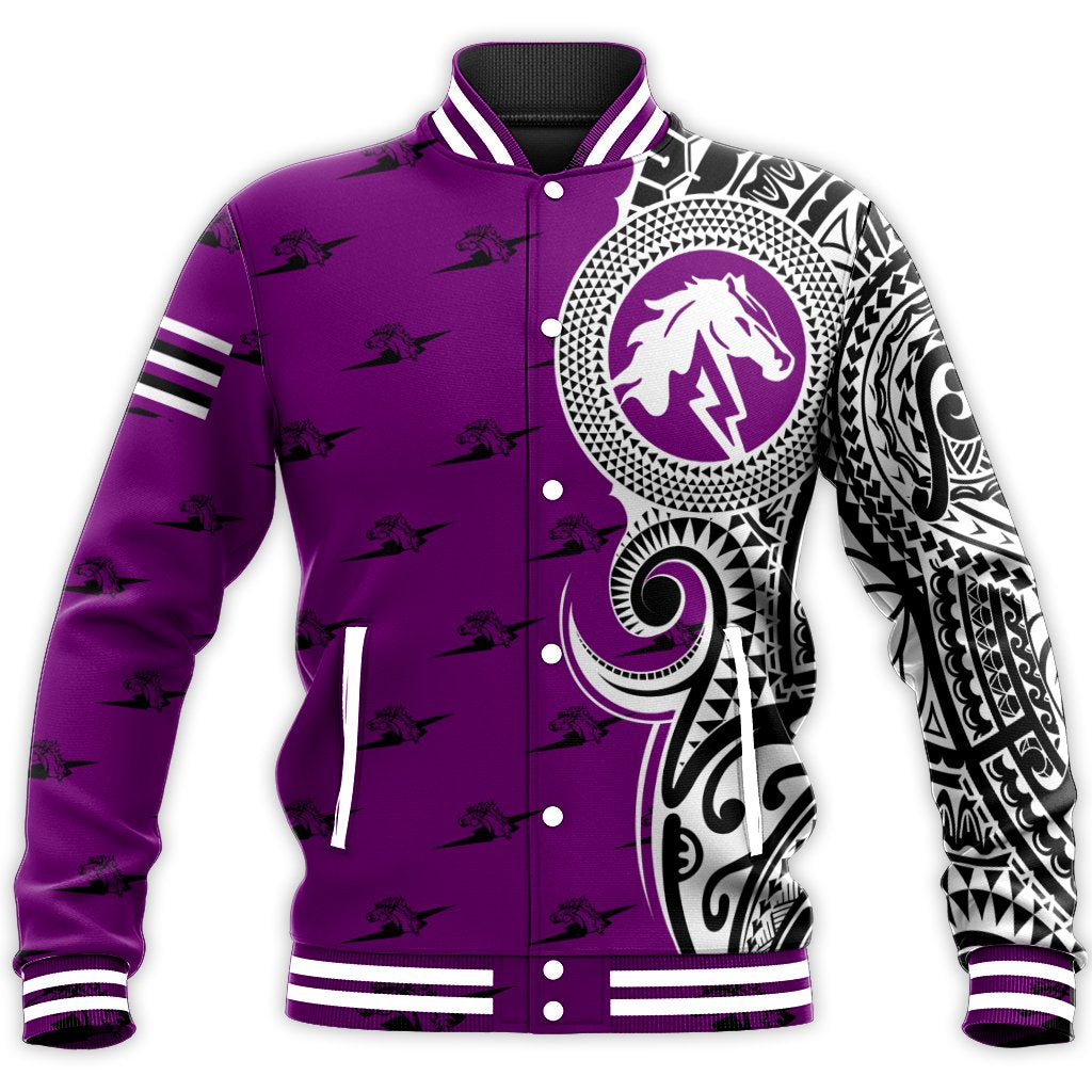 (Personalised) Hawaii Baseball Jacket - Pearl City High Tribal Kakau Style Baseball Jacket - AH Unisex Purple - Polynesian Pride