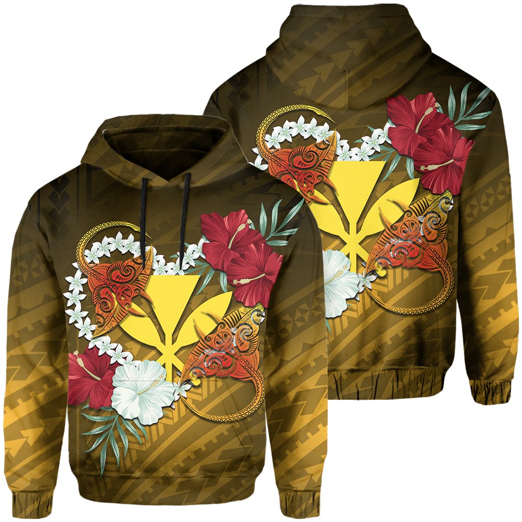 Kanaka Manta Ray Plumeria Heart Polynesian Hoodie Sea Flower Unisex Black - Polynesian Pride