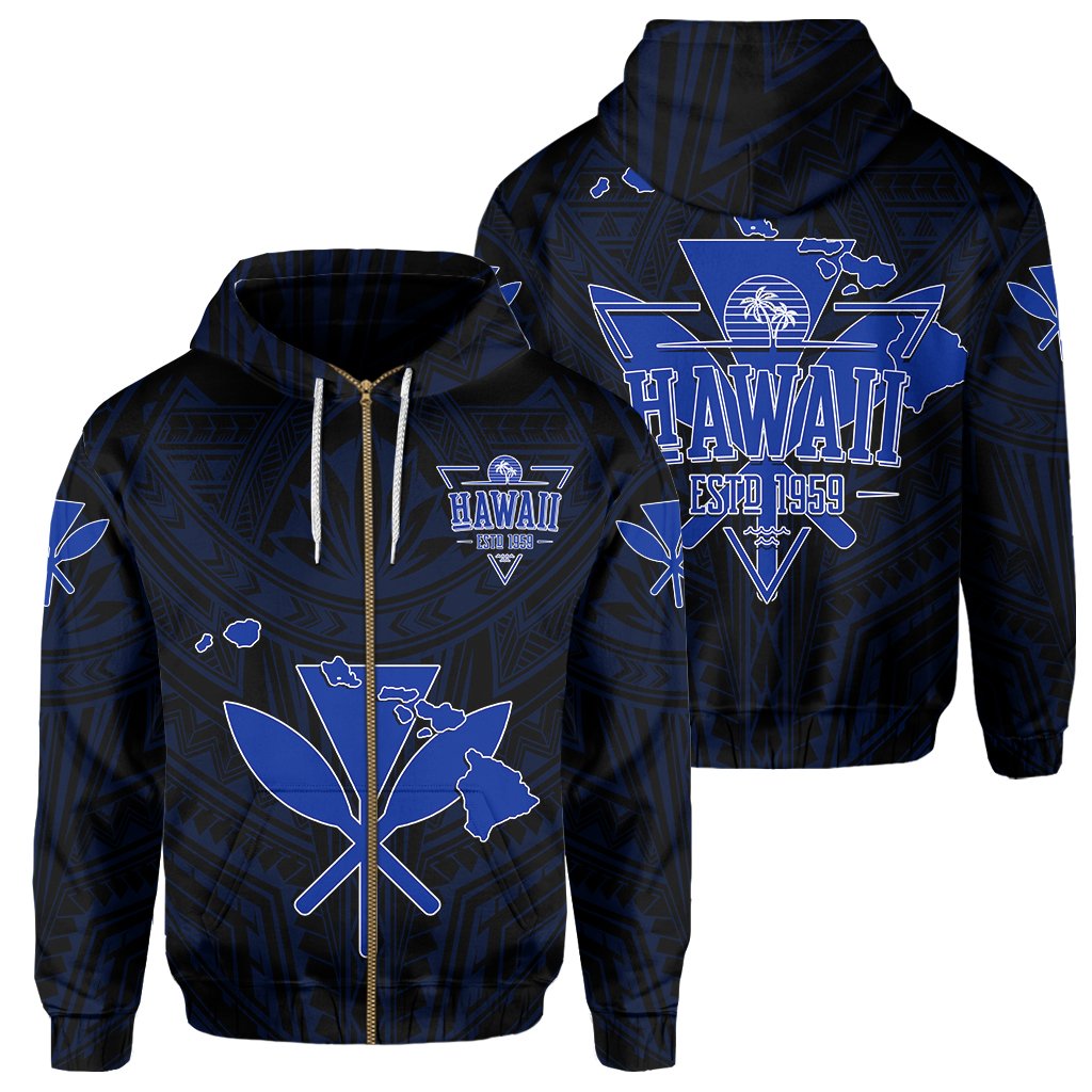 Kanaka Map Polynesian Hoodie Zip Blue Heart AH Unisex Black - Polynesian Pride