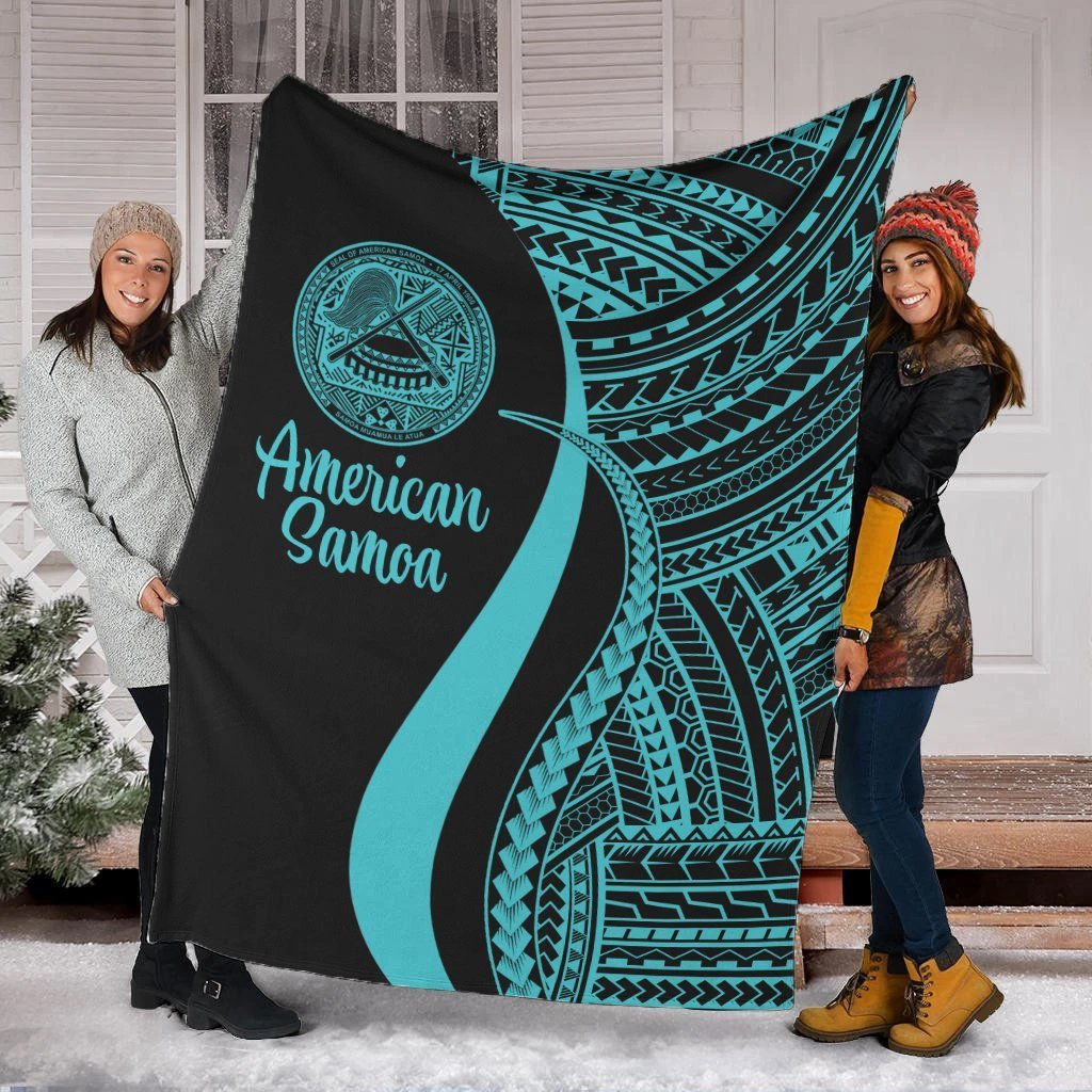 American Samoa Premium Blanket - Turquoise Polynesian Tentacle Tribal Pattern White - Polynesian Pride