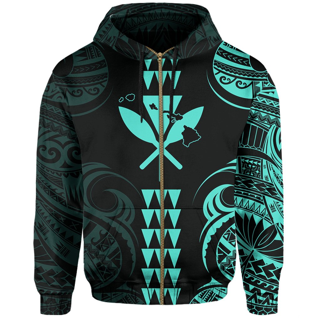 Kanaka Map Polynesian Kakau Hoodie (Zip up) Turquoise - Polynesian Pride
