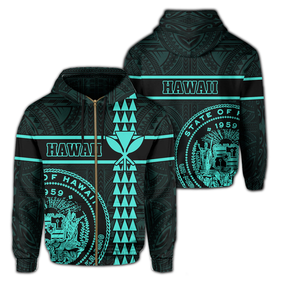 Polynesian Kakau Kanaka Seal of Hawaii Zip Hoodie Turquoise Unisex Turquoise - Polynesian Pride
