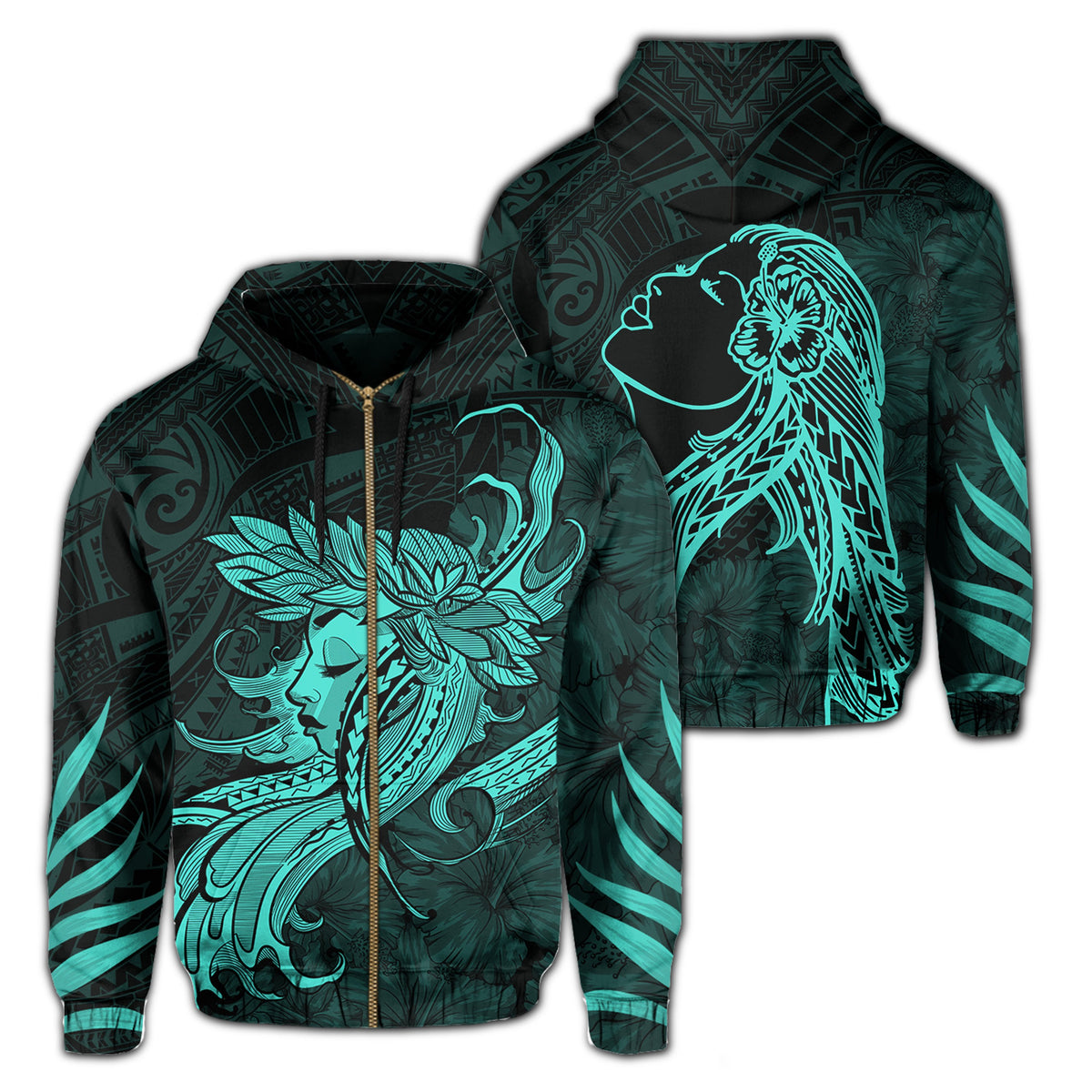 Polynesian Tropic Hula Girl Hibiscus Hawaii Zip Hoodie Turquoise Unisex Turquoise - Polynesian Pride