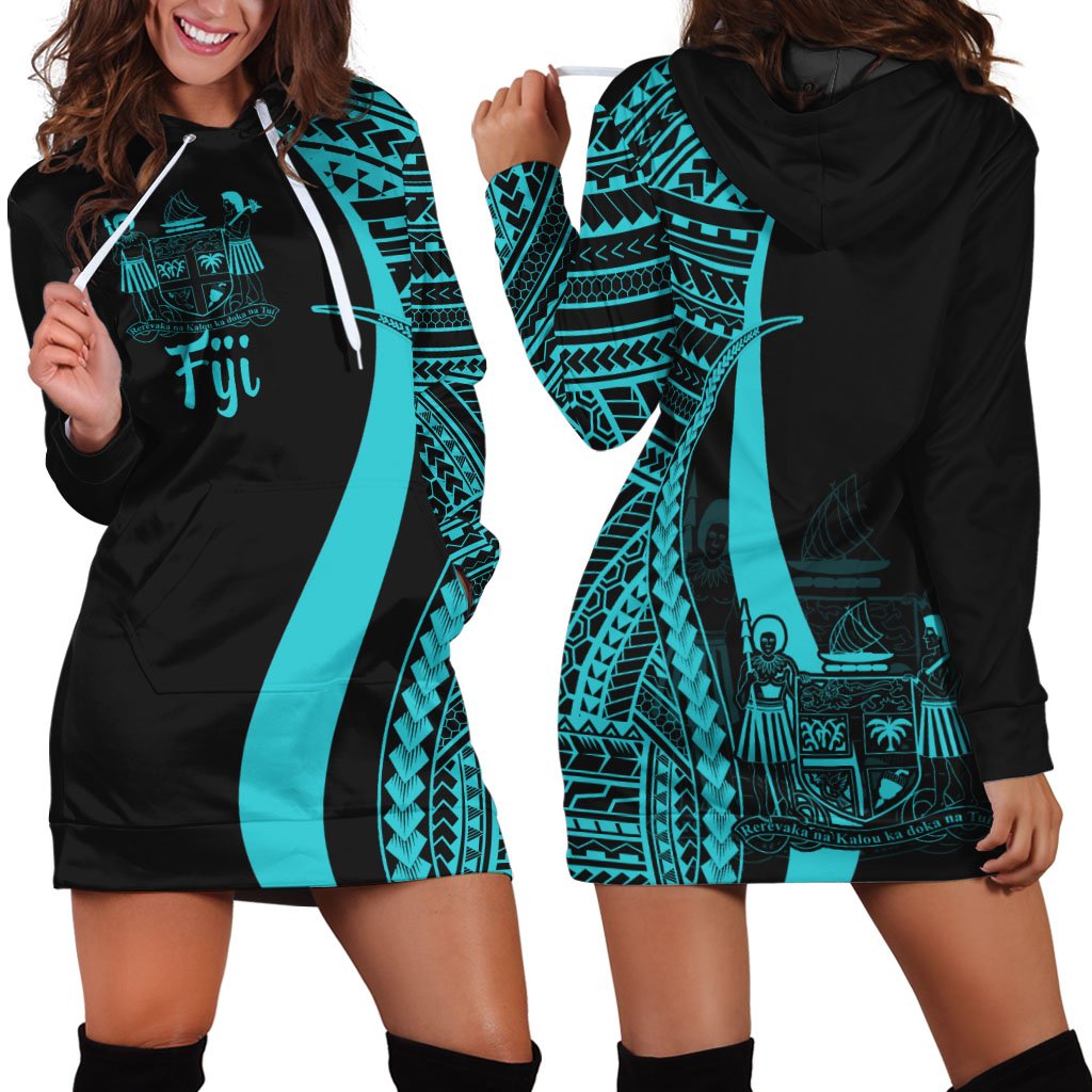 Fiji Women's Hoodie Dress - Turquosie Polynesian Tentacle Tribal Pattern Crest Turquoise - Polynesian Pride