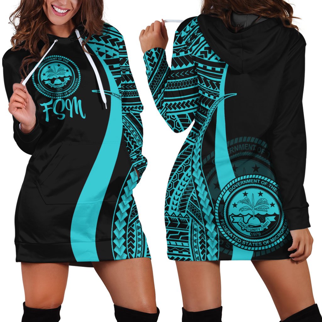 Federated States of Micronesia Women's Hoodie Dress - Turquoise Polynesian Tentacle Tribal Pattern Turquoise - Polynesian Pride