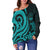 Marshall Islands Women's Off Shoulder Sweater - Turquoise Tentacle Turtle Crest - Polynesian Pride