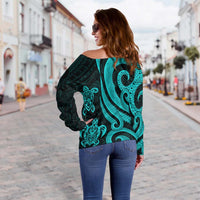 Federated States of Micronesia Women's Off Shoulder Sweater - Turquoise Tentacle Turtle - Polynesian Pride