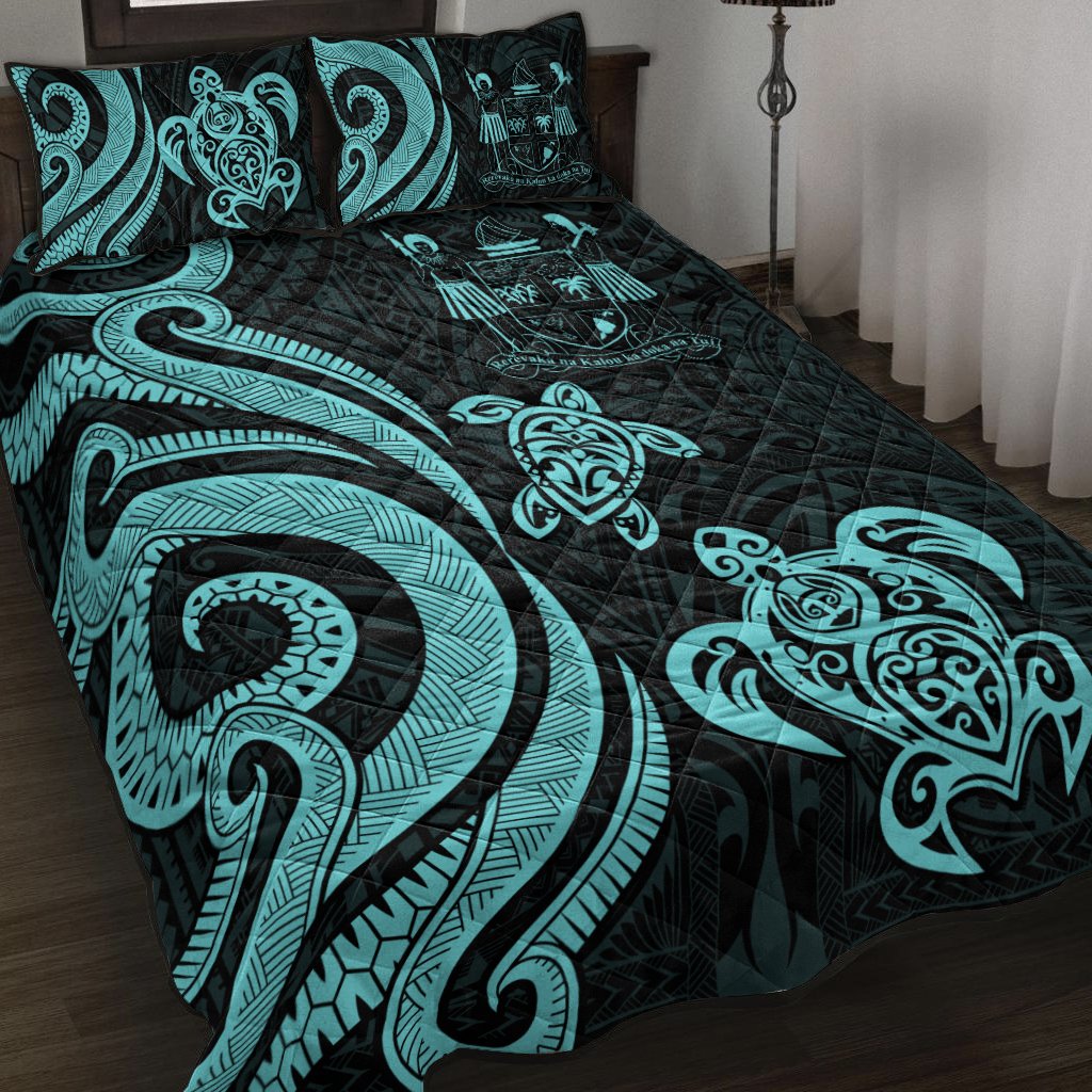 Fiji Quilt Bed Set - Turquoise Tentacle Turtle Crest Turquoise - Polynesian Pride