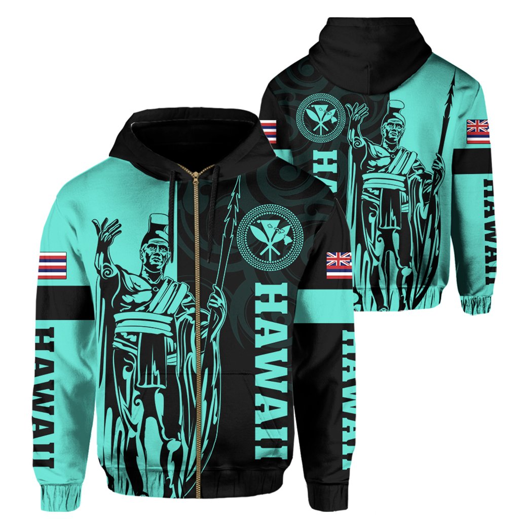 Hawaii King Polynesian Hoodie (Zip up) Lawla Style Turquoise Unisex Turquoise - Polynesian Pride