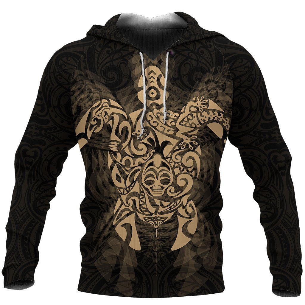 New Zealand Maori Hoodie, Wairua Tattoo Turtle Pullover Hoodie Gold Unisex Black - Polynesian Pride