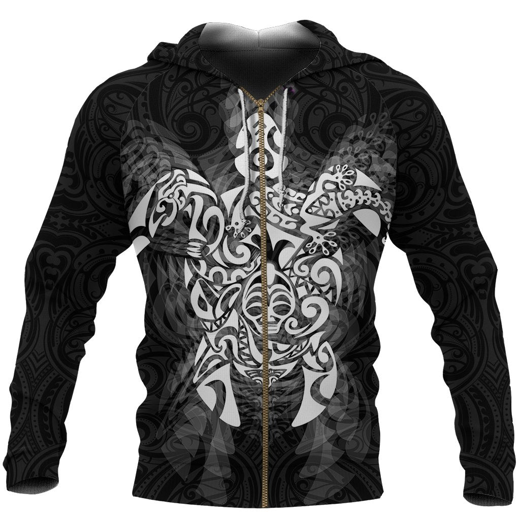 New Zealand Maori Zip up Hoodie, Wairua Tattoo Turtle Zipper Hoodie White Unisex Black - Polynesian Pride