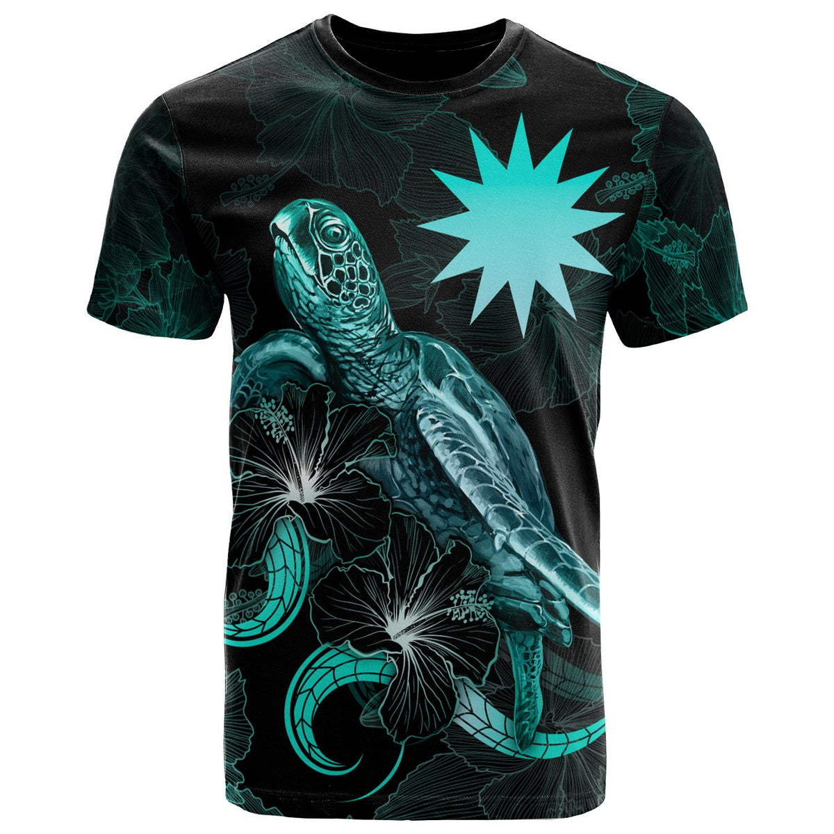 Nauru Polynesian T Shirt Turtle With Blooming Hibiscus Turquoise Unisex Art - Polynesian Pride