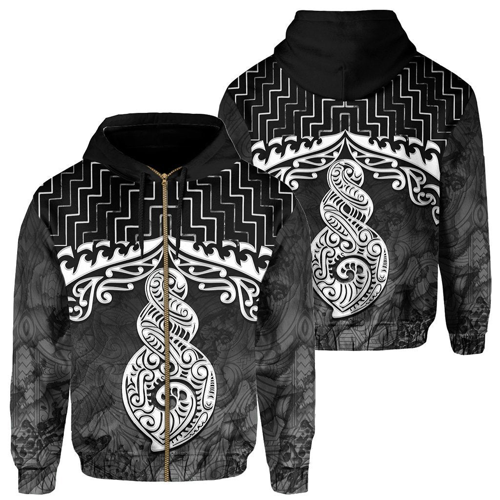 New Zealand Zip up Hoodie, Poutama Maori Twist Zipper Hoodie Black Unisex Black - Polynesian Pride