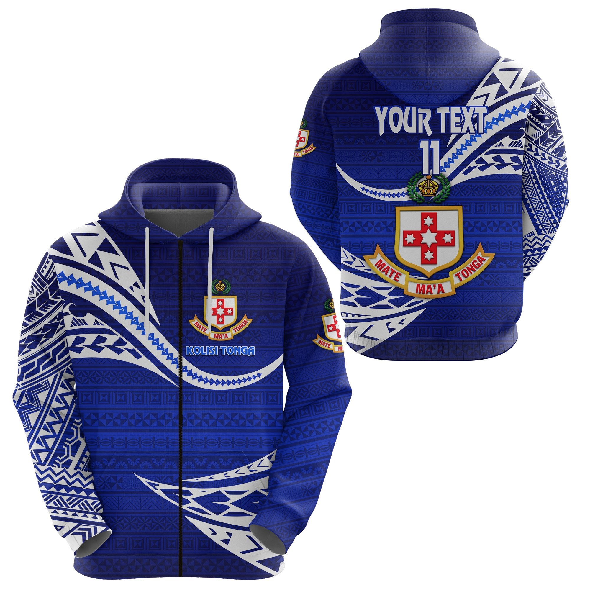 Custom Kolisi Tonga Zip Hoodie Mate Maa Tonga Unique Version Blue, Custom Text and Number Unisex Blue - Polynesian Pride