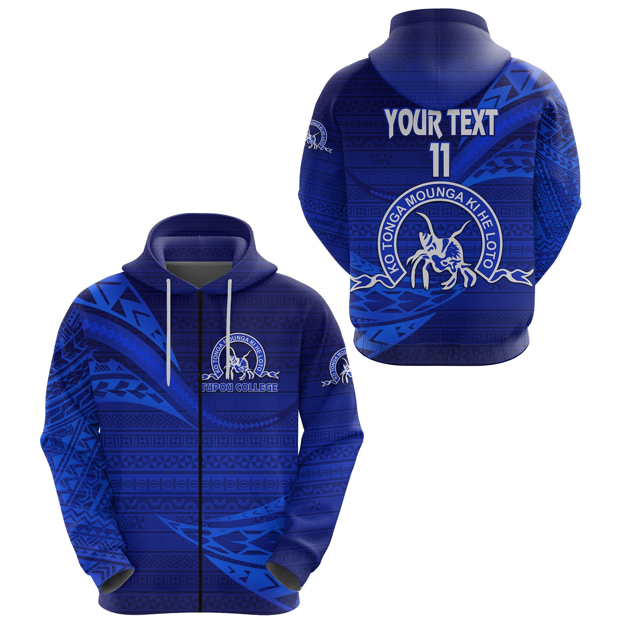 Custom Kolisi Ko Tupou College Tonga Zip Hoodie Unique Version Full Blue, Custom Text and Number Unisex Blue - Polynesian Pride