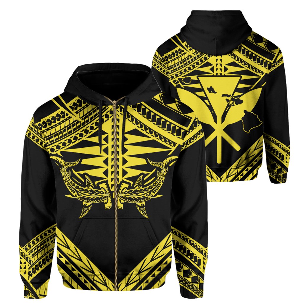 Hawaii Shark Polynesian Kanaka Yellow Hoodie (Zip up) Candy Style Unisex Black - Polynesian Pride