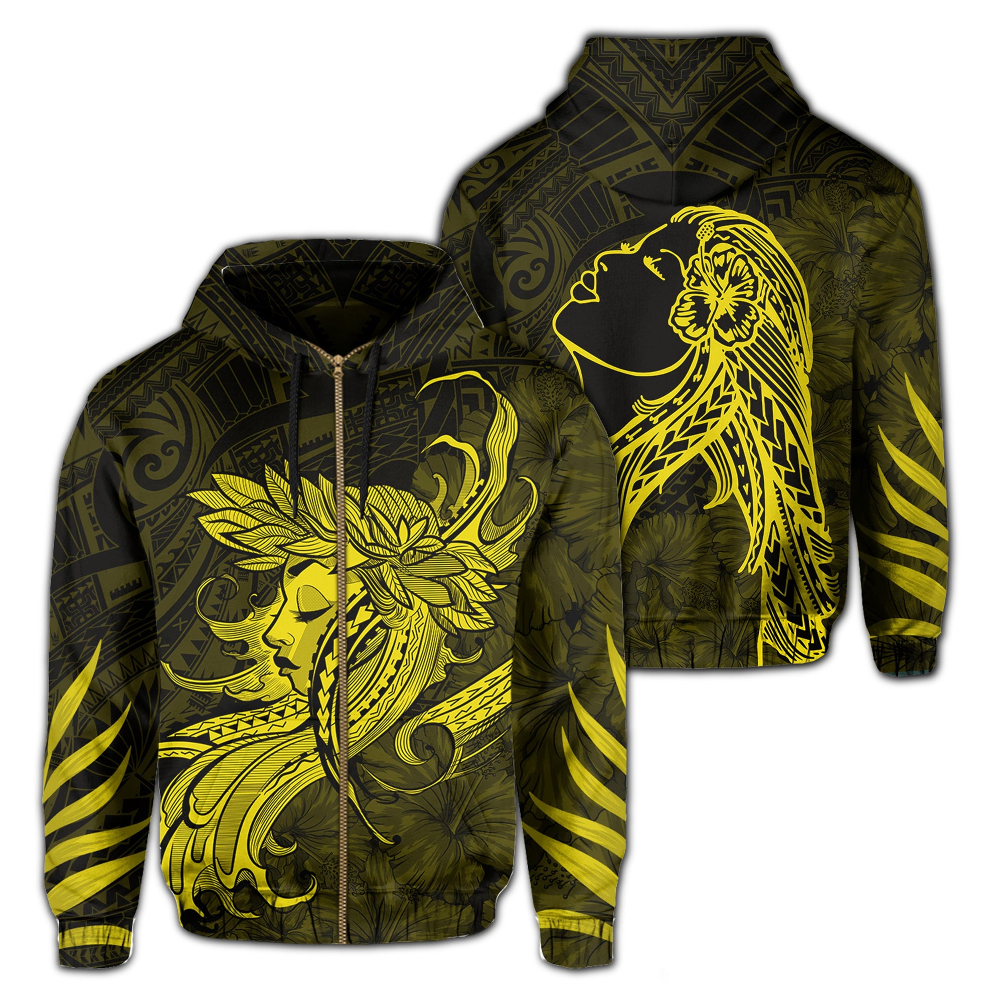 Polynesian Tropic Hula Girl Hibiscus Hawaii Zip Hoodie Yellow Unisex Yellow - Polynesian Pride