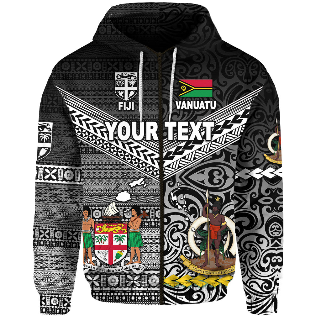 Custom Vanuatu Fiji Zip Hoodie Together Black LT8 - Polynesian Pride